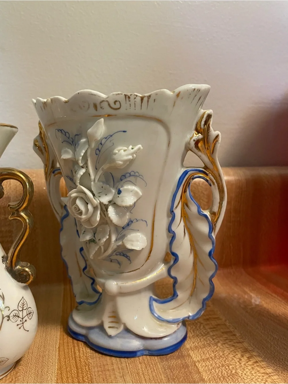 Vintage White and Blue Floral Ceramic Vase with Gold Handles